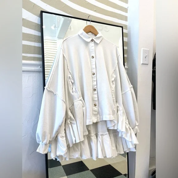 Free People oversized white cotton button down sweater high low free size - Picture 1 of 9